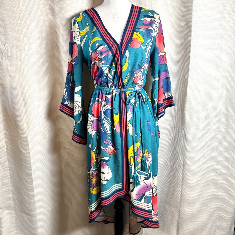 Flying Tomato Faux Wrap Hi Low Tie Size S Dress Turquoise Floral Bell Sleeve EUC